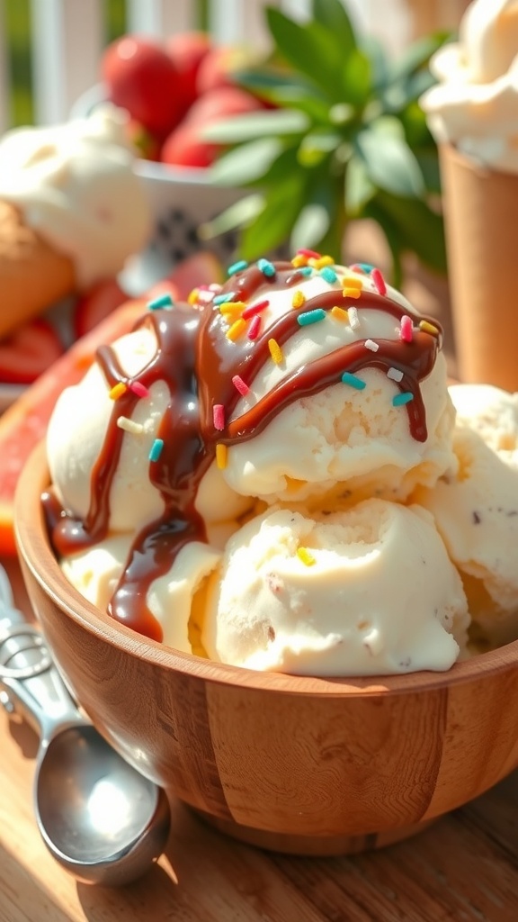 A bowl of vanilla ice cream topped with chocolate sauce and sprinkles, with an ice cream scoop on a wooden table.